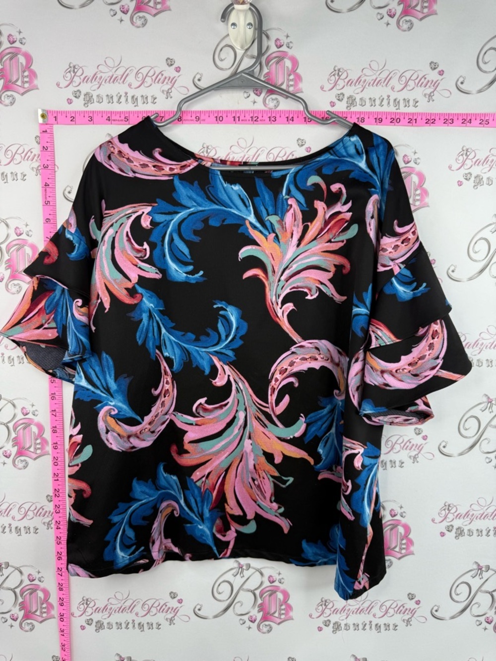 mark. Blouse sleeves ruffle Black Blouse with Pink & Blue Swirl Floral Print